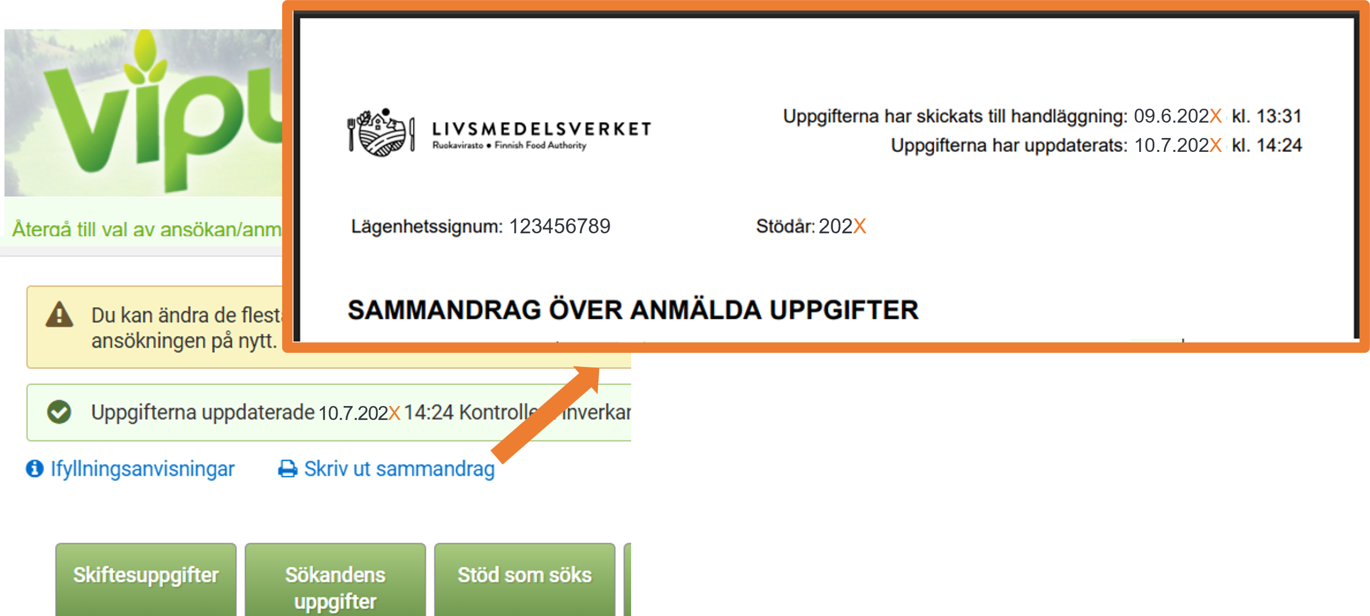 Skärmdump från Viputjänsten, sammandrag över anmälda uppgifter