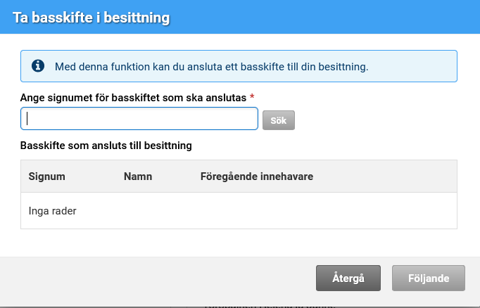 Skärmfump från Viputjänsten, ta basskifte i besittning