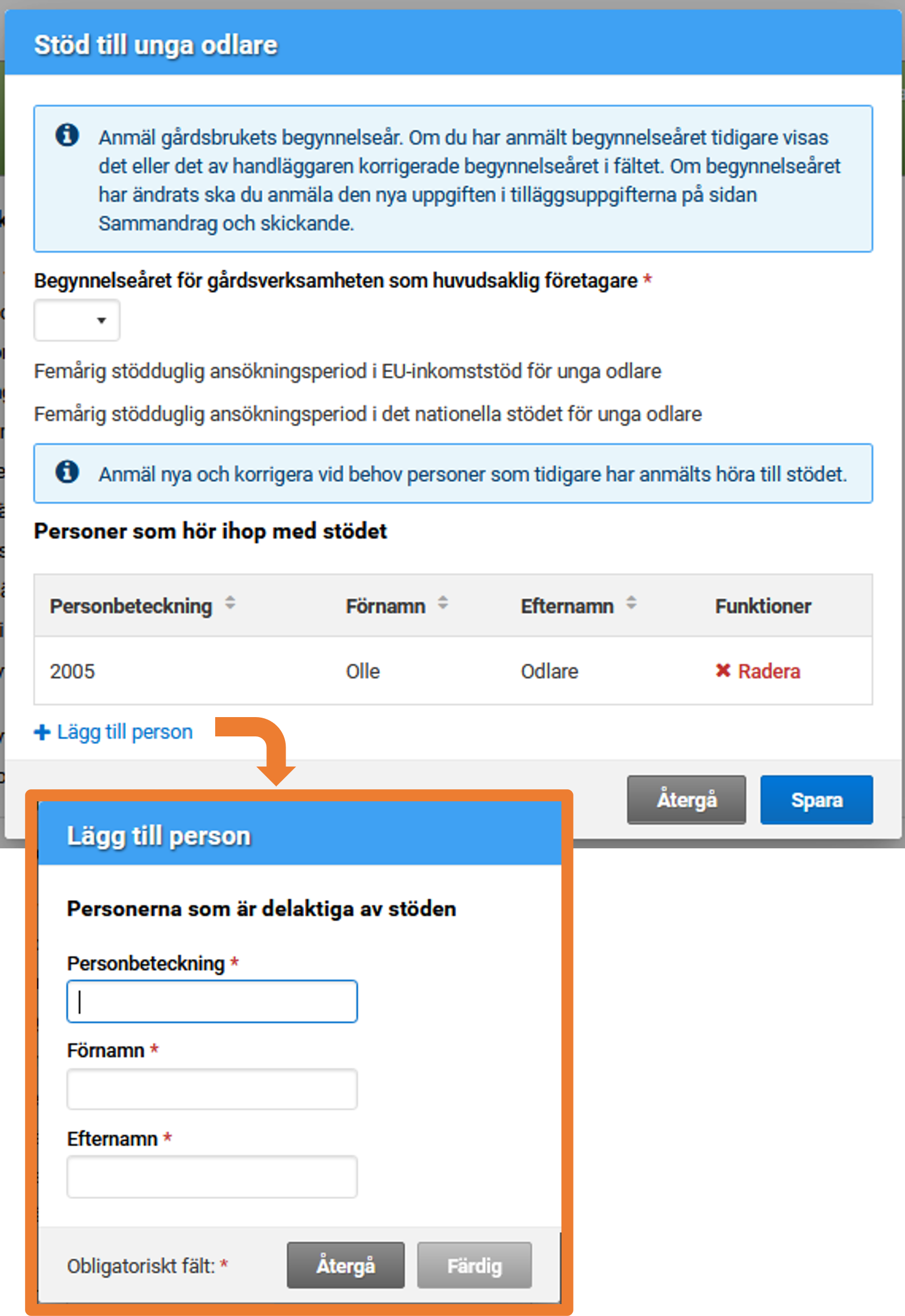 Skärmdump från Viputjänsten, stöd för unga jordbrukare