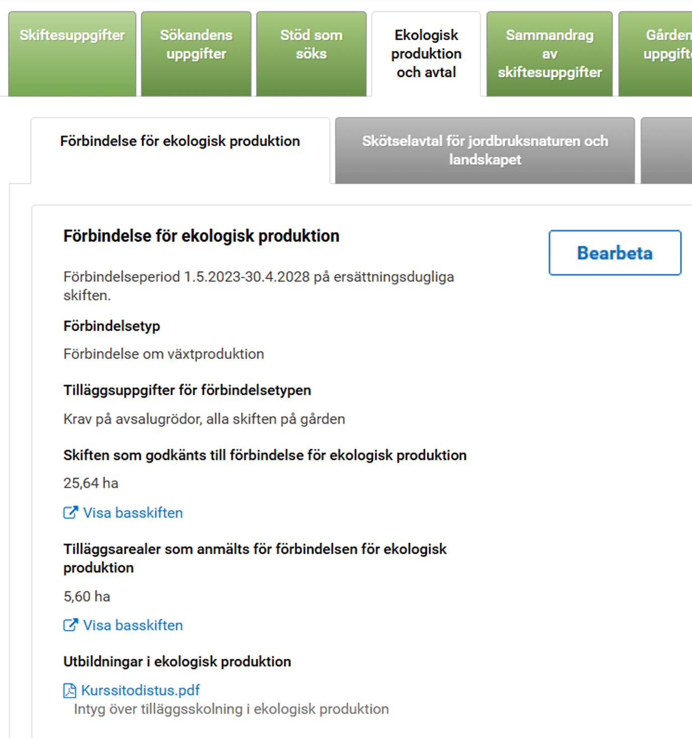 Skärmdump från Viputjänsten sammandrag för ekologisk produktion