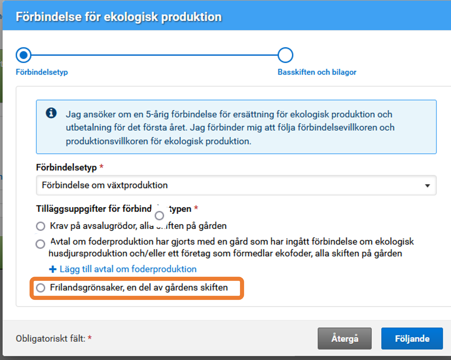 Skärmdump från Viputjänsten förbindelse för ekologisk produktion