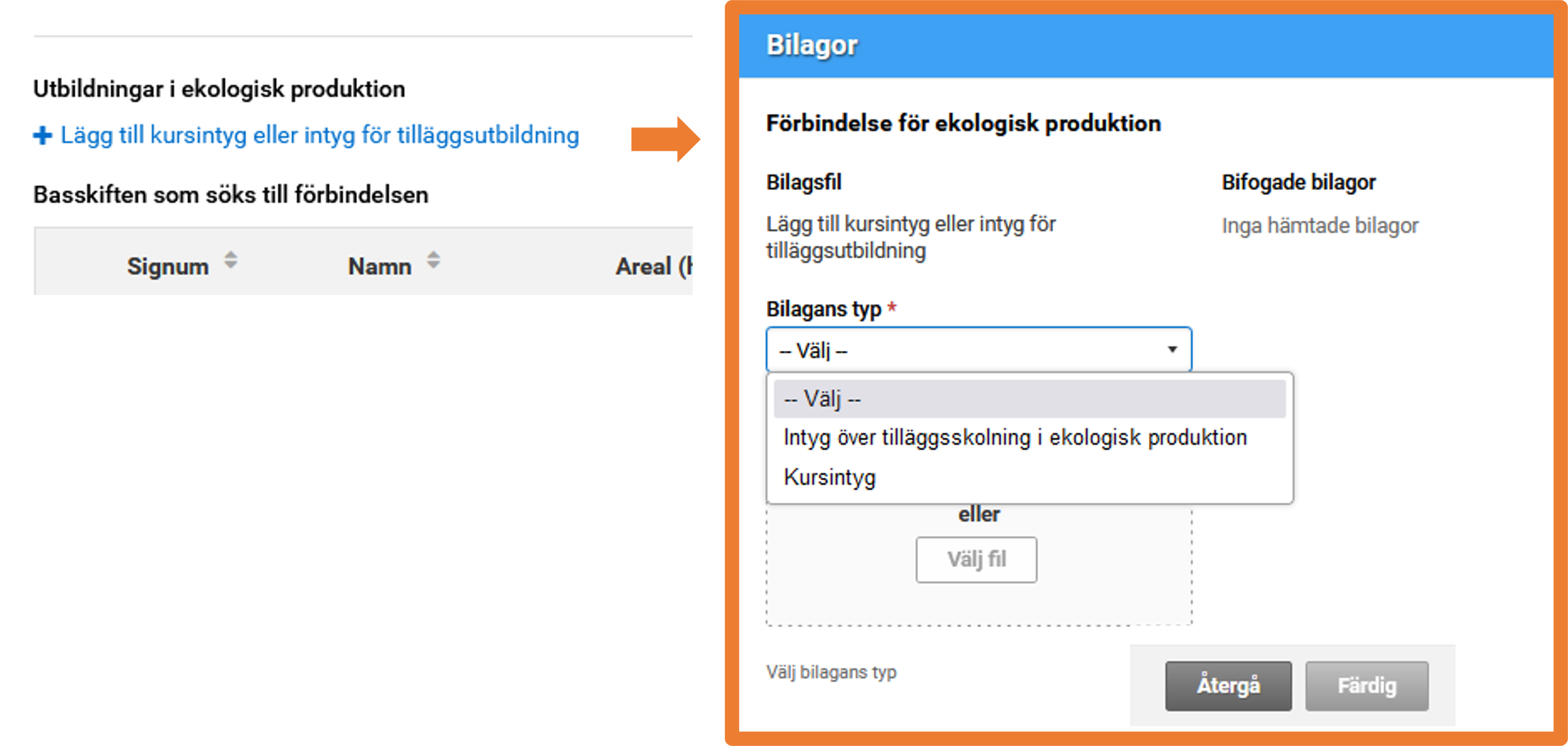 Skärmdump från Viputjänsten bilagor för utbildningar i ekologisk produktion