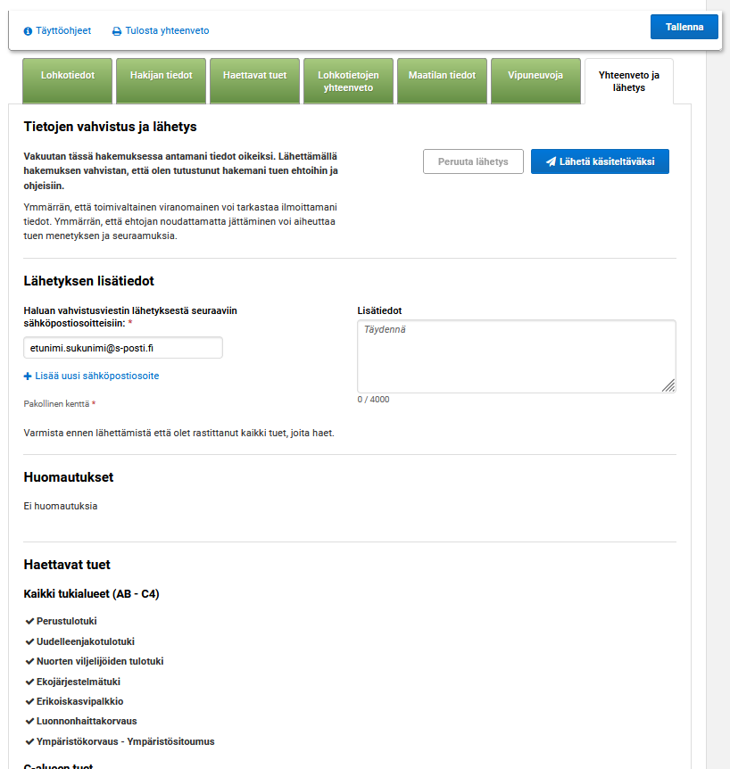 Kuvakaappaus vipu-palvelusta, yhteenveto ja lähetys