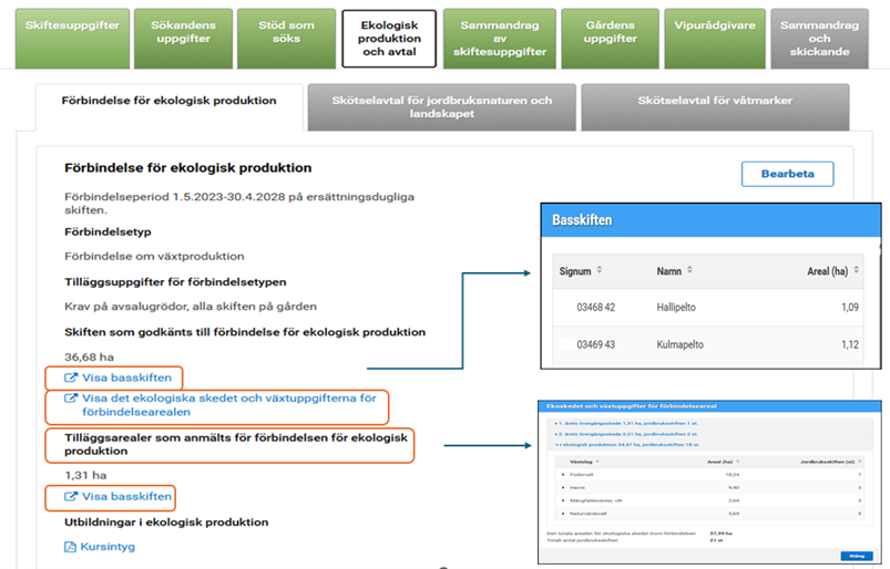 Skärmdump från Viputjänsten sammandrag för ekologisk produktion