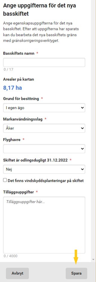 Skärmdump ur Viputjänsten. Fyll i det nya skiftets uppgifter