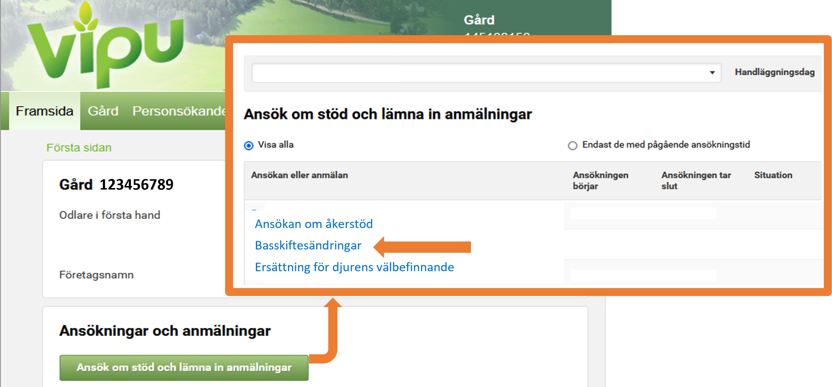 Skärmdump från Viputjänsten: Välj Ansök om stöd och lämna in anmälningar.