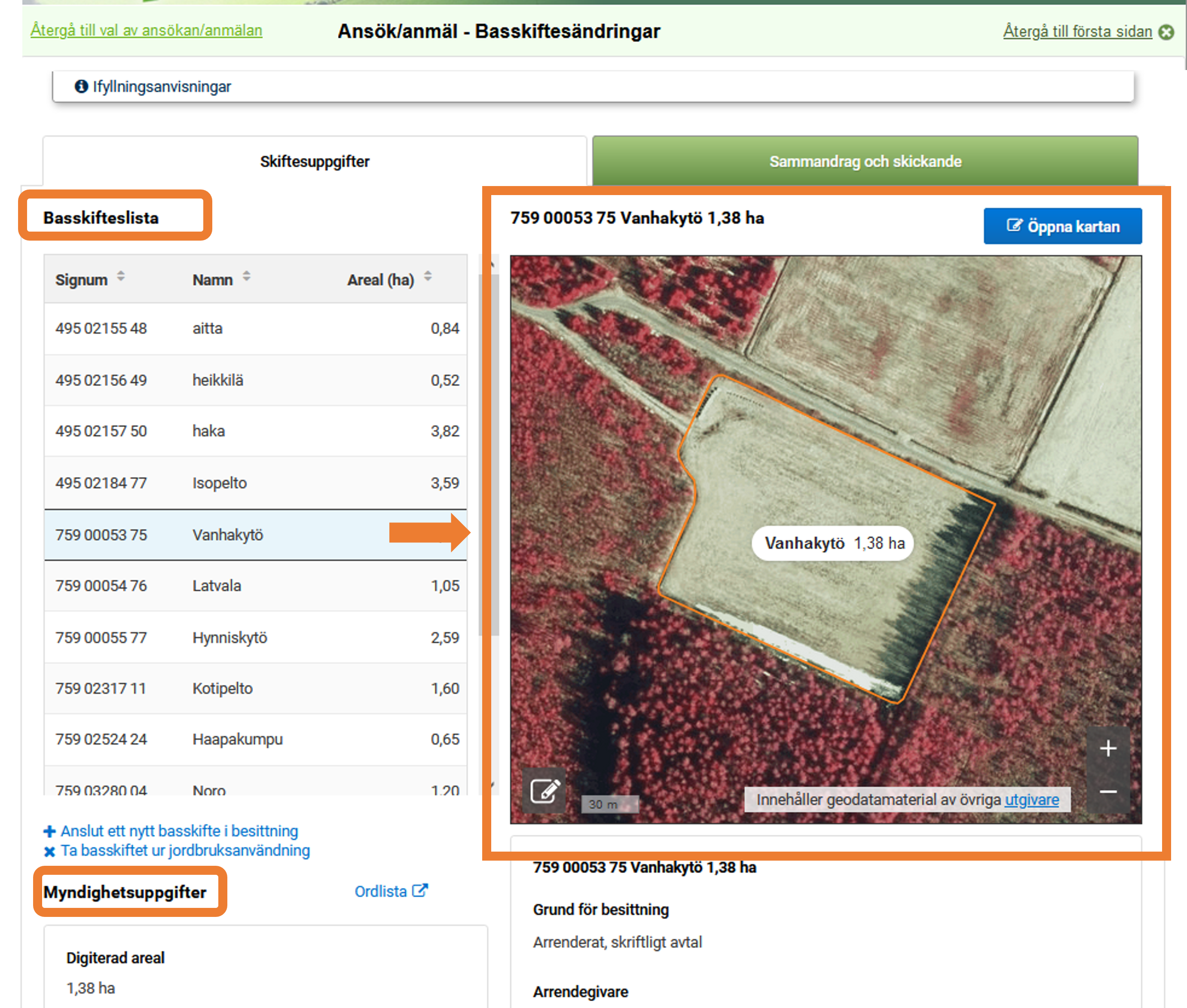 Skärmdump från Viputjänsten; Sidan för uppgörande av basskiftesändringar.