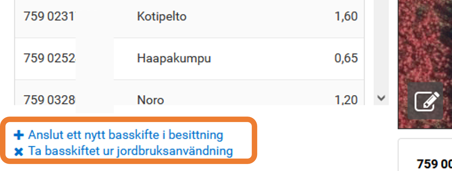 Skärmdump från Viputjänsten: Funktionen Ta basskiftet ur jordbruksanvändning.