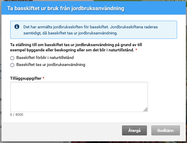 Skärmdump från Viputjänsten: Uppge orsak till att skiftet tas ur jordbruksanvändning.