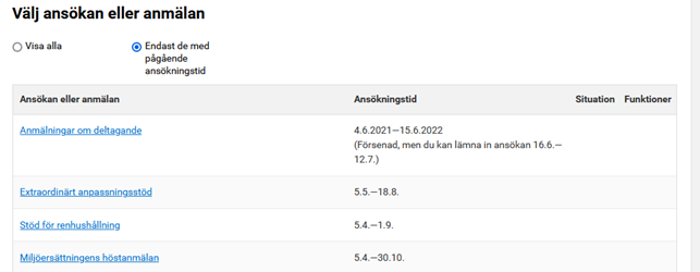 Skärmdump från Viputjänsten, välj ansökan