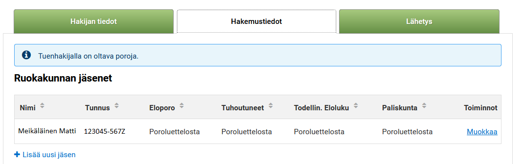 Kuvakaappaus Vipu-palvelusta, hakemustiedot-välilehti