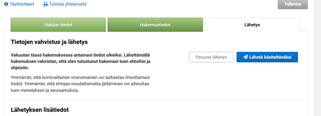 Kuvakaappaus Vipu-palvelusta, lähetys-välilehti