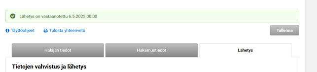 Kuvakaappaus Vipu-palvelusta, lähetys on onnistunut