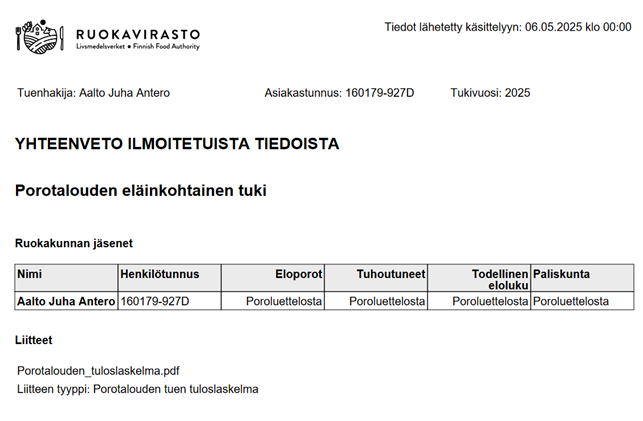 Kuvakaappaus vipu-palvelusta, yhteenveto palautettu