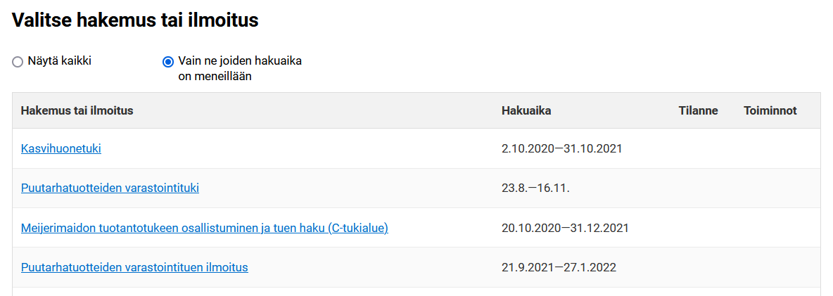 Kuvakaappaus vipupalvelusta, hakemuksen valinta sähköisessä asioinnissa