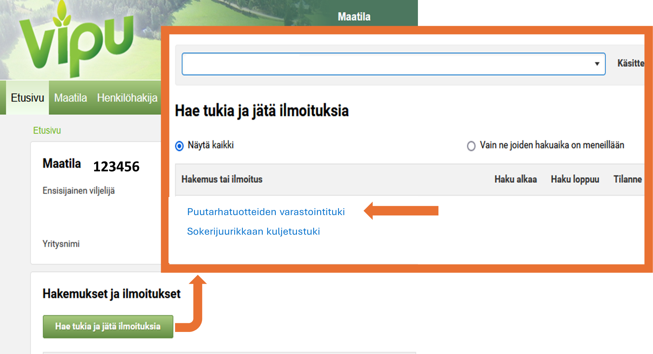Kuvakaappaus vipu-palvelusta, hae tukia ja jätä ilmoituksia