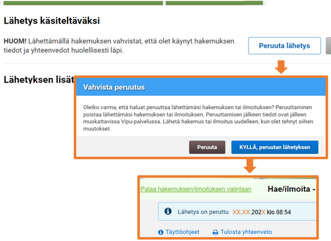 Kuvakaappaus vipu-palvelusta lähetyksen peruuttaminen