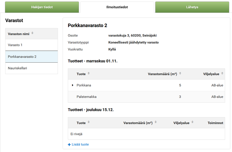 Kuvakaappaus vipu-palvelusta joulukuun varastomäärien ilmoittaminen