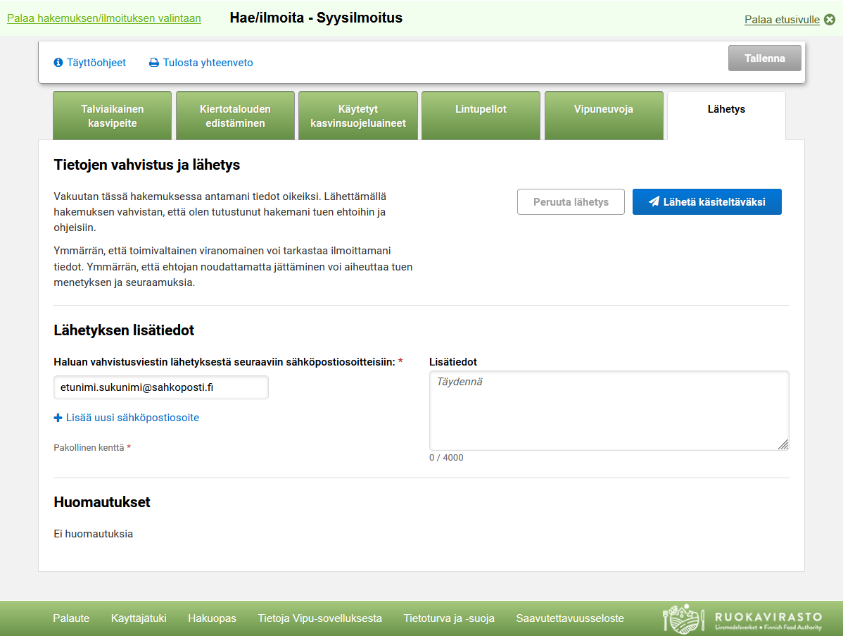Kuvakaappaus Vipu-palveusta, l&auml;hetys-sivu