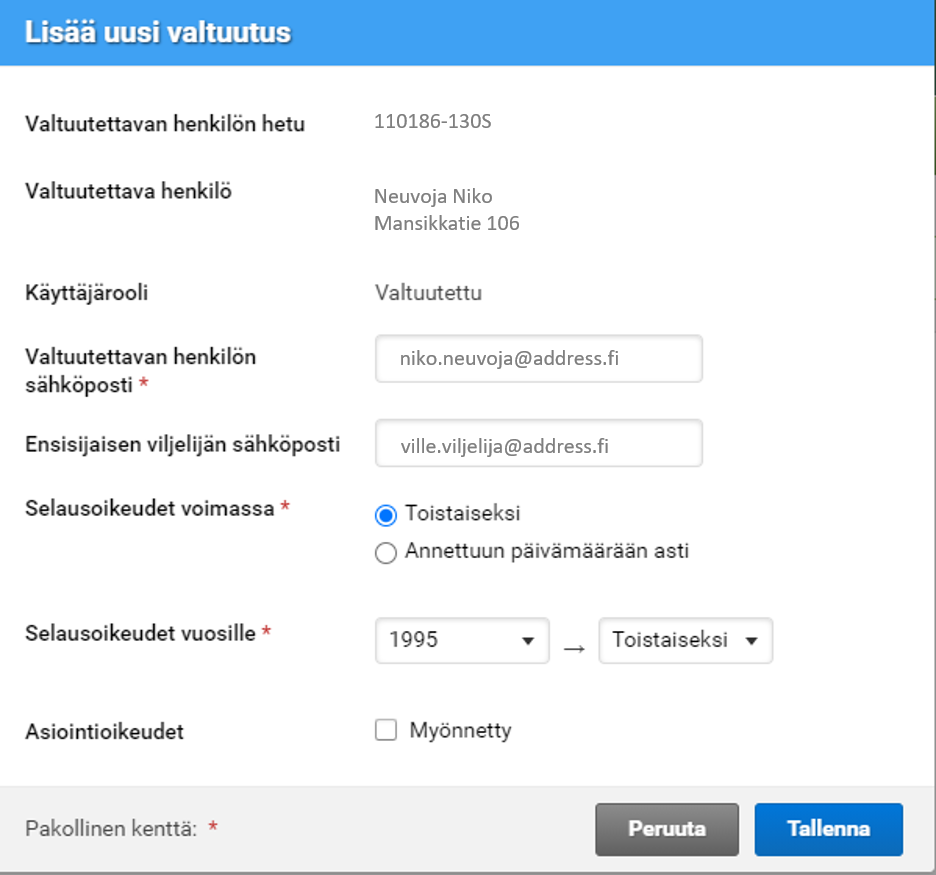 Kuvakaappaus Vipu-palvelun Lisää uusi valtuutus -osiosta