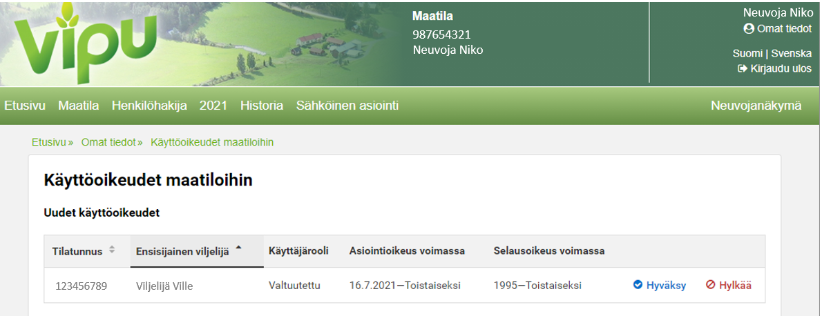 Kuvakaappaus Vipu-palvelusta, käyttöoikeudet maatiloihin -osiosta