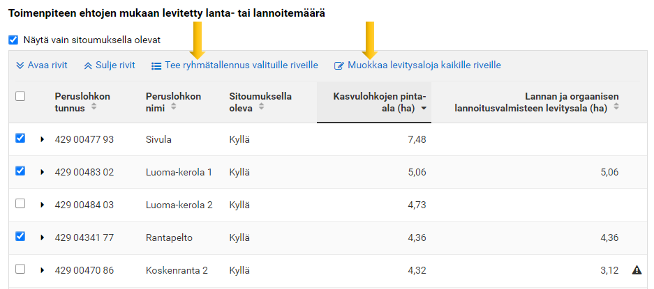 Kuvakaappaus Vipu-palvelun kohdasta Toimenpiteen ehtojen mukaan levitetty lanta- tai lannoitemäärä.