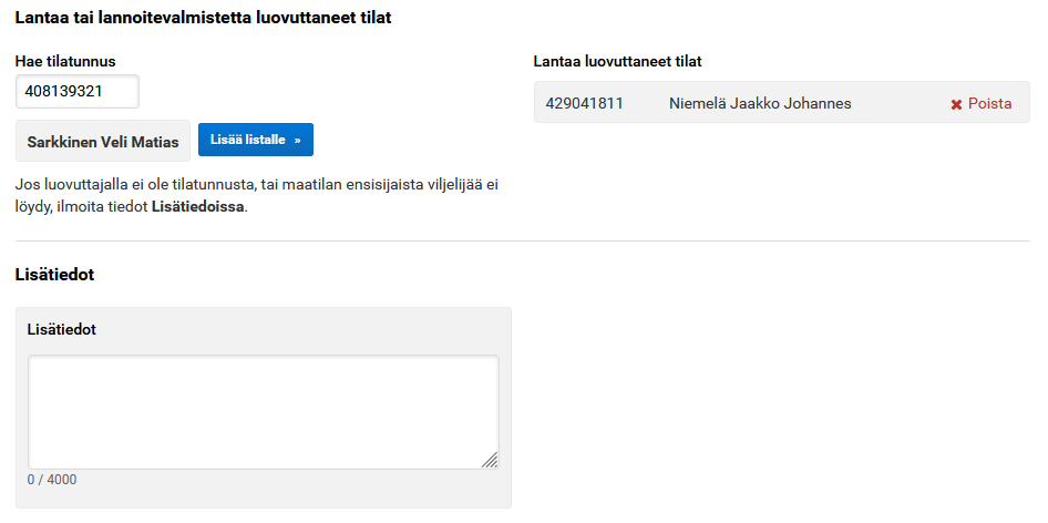 Kuvakaappaus Vipu-palvelun Lantaa tai lannoitevalmistetta luovuttaneet tilat -kohdasta.
