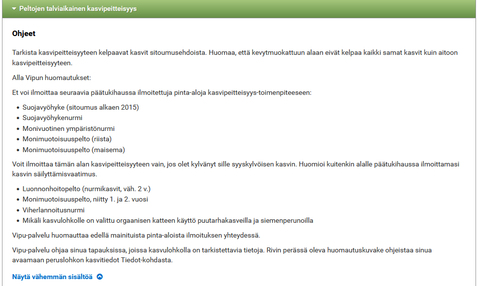 Kuvakaappaus Vipu-palvelun Peltojen talviaikainen kasvipeitteisyys -kohdasta.