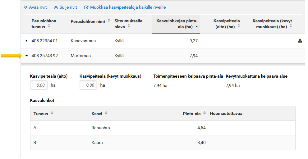 Kuvakaappaus Vipu-palvelun Kasvipeitealojen syöttäminen -kohdasta.