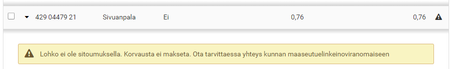 Kuvakaappaus Vipu-palvelun huomautuksesta.