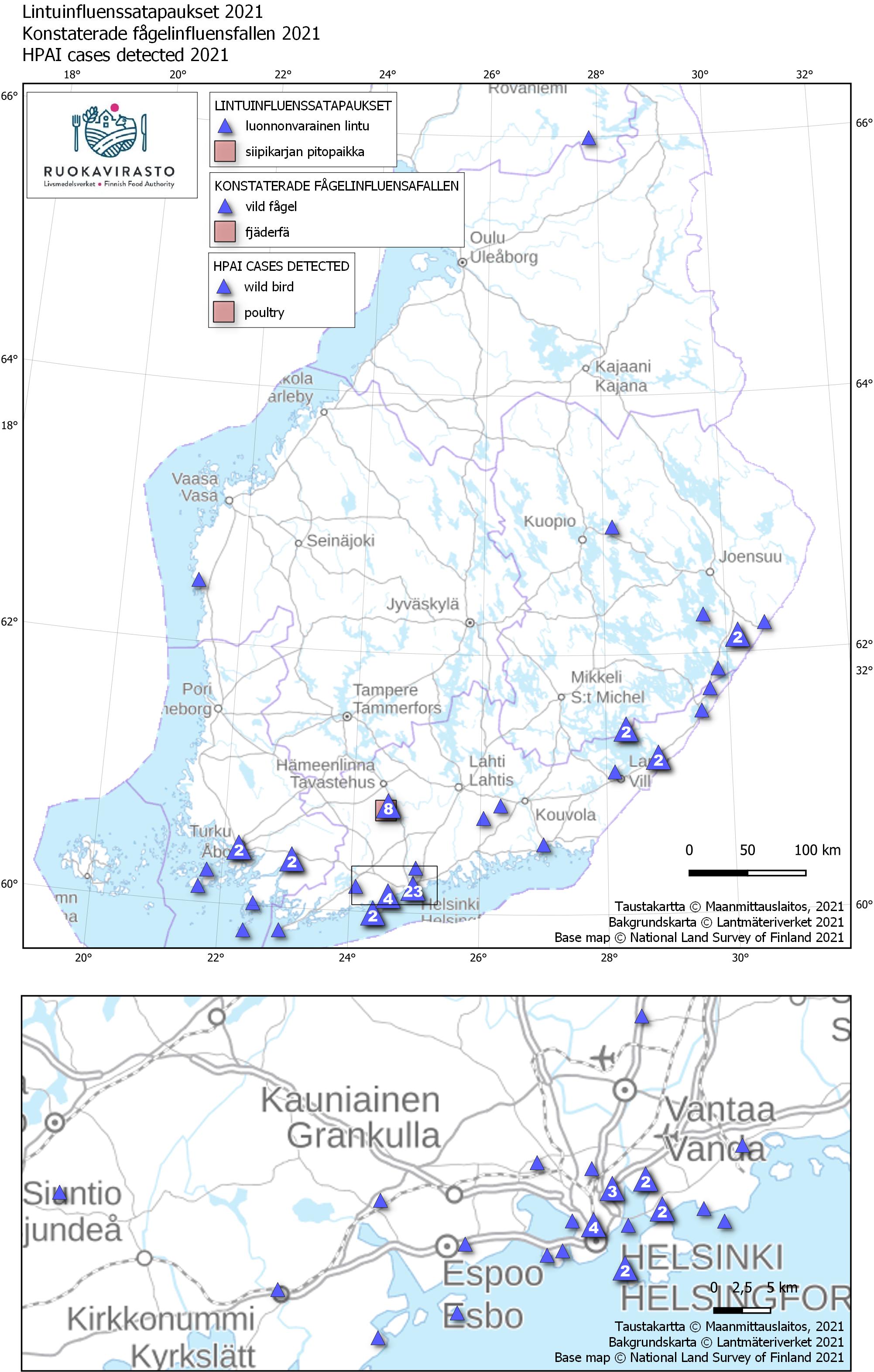 Karta över konstaterade fågelinfluensafallen i Finland 2021