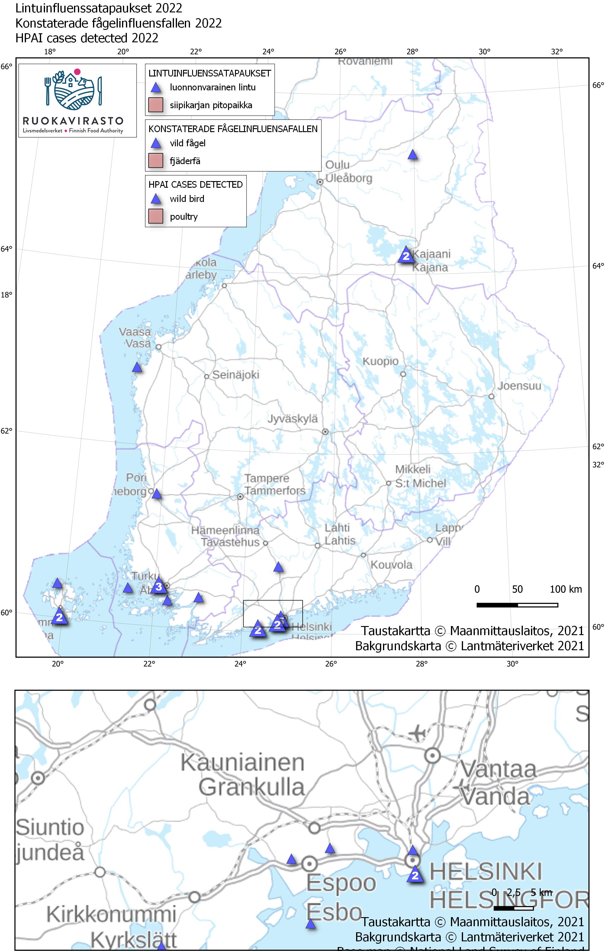 Karta över fågelinfluensafallen i Finland 2022