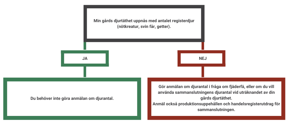 Text: Min gårds djurtäthet uppnås med antalet registerdjur (nötkreatur, svin får, getter). Ja: Du behöver inte göra anmälan om djurantal. Nej:  Gör anmälan om djurantal i fråga om fjäderfä, eller om du vill använda sammanslutningens djurantal vid uträknandet av din gårds djurtäthet. Anmäl också produktionsuppehållen och handelsregisterutdrag för sammanslutningen.