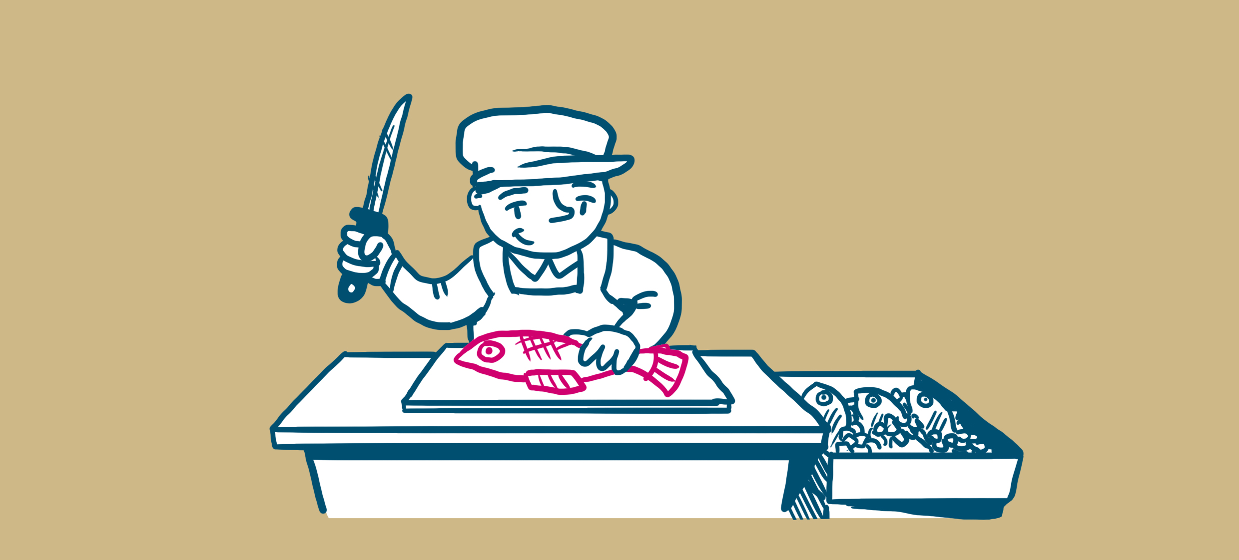 Työntekijä aloittamassa raa´an kalan käsittelyä veitsen kanssa