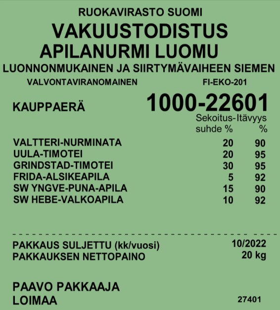 Vakuustodistus vihreällä pohjalla sekä luomu että siirtymävaiheen siemen