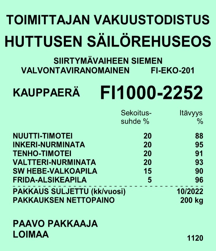 Toimittajan vakuustodistus vaalean vihreällä pohjalla Huttusen_sailorehuseos_siirtymävaiheen siemen