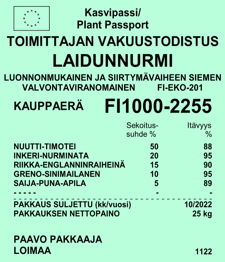 Toimittajan vakuustodistus vaaleanvihreällä pohjalla Laidunnurmi luonnonmukainen ja siirtymävaiheen siemen