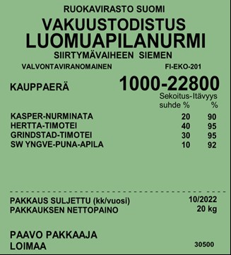 Vakuustodistus vihreällä pohjalla Luomuapilanurmi siirtymävaiheen siemen