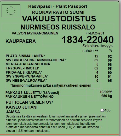 Kasvipassi Nurmiseos vihreällä pohjalla vähintään 70 prosenttia luomu ja siirtymävaiheen siemeniä