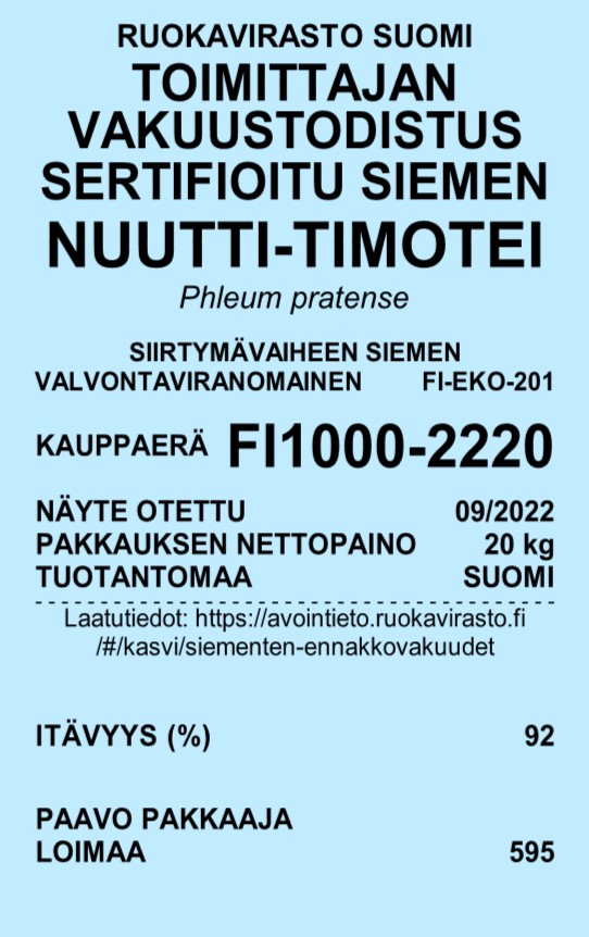 Toimittajan vakuustodistus  vaalean sinisellä pohjalla Nuutti_timotei_ siirtymävaiheen siemen