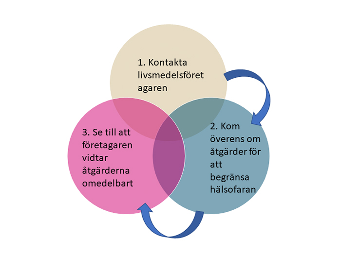 Tre olika bollar som beskrivs de olika faserna i kommunikationen mellan den kommunala tillsynsmyndigheten och livsmedelsföretagaren.