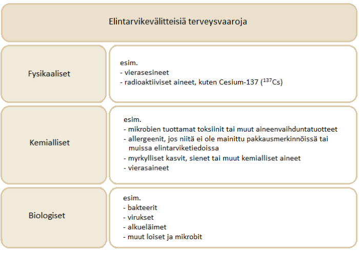 Esimerkkejä fysikaalisista, kemiallisista ja biologisista elintarvikevälitteisistä terveysvaaroista.