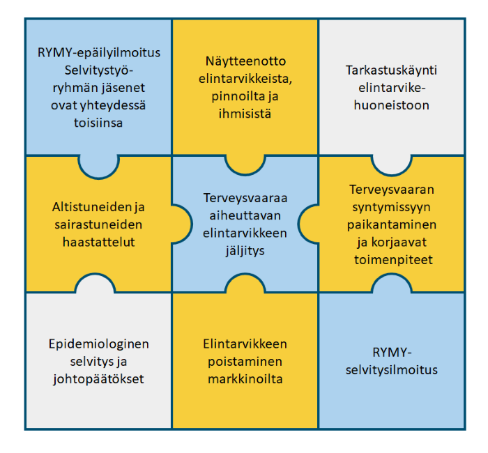 Epidemiaselvityksen osa-alueet esitettynä palapelin paloina.