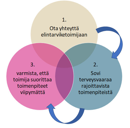 Kolmessa eri pallossa kuvattuna edellä tekstissä esitetyt valvontaviranomaisen ja toimijan yhteydenpidonvaiheet.